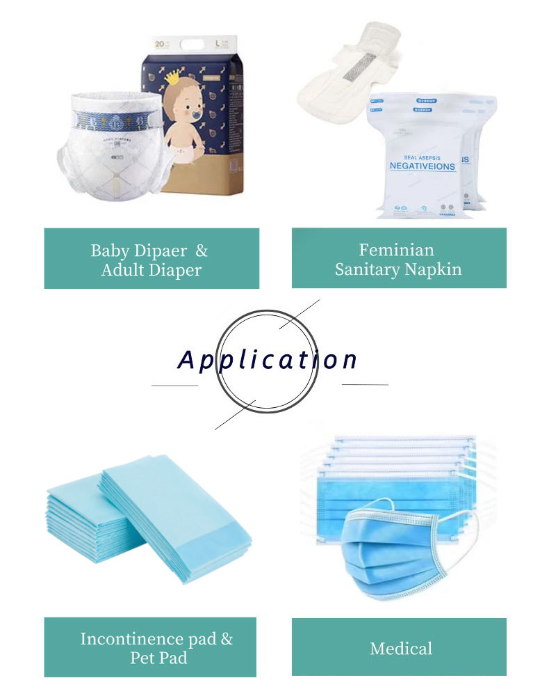 Nonwoven fabric applications in hygiene products such as baby diapers, adult diapers, and sanitary napkins.