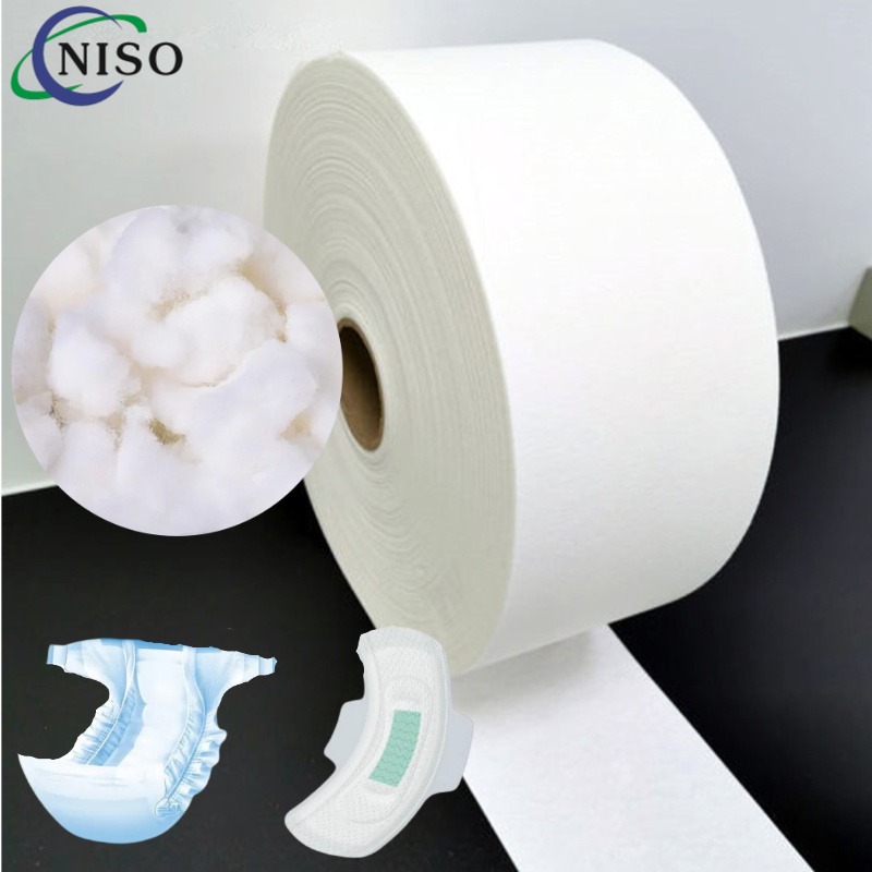 Close-up of pulp roll with baby diapers and sanitary napkins as key raw materials Close-up of pulp roll with baby diapers and sanitary napkins as key raw materials
