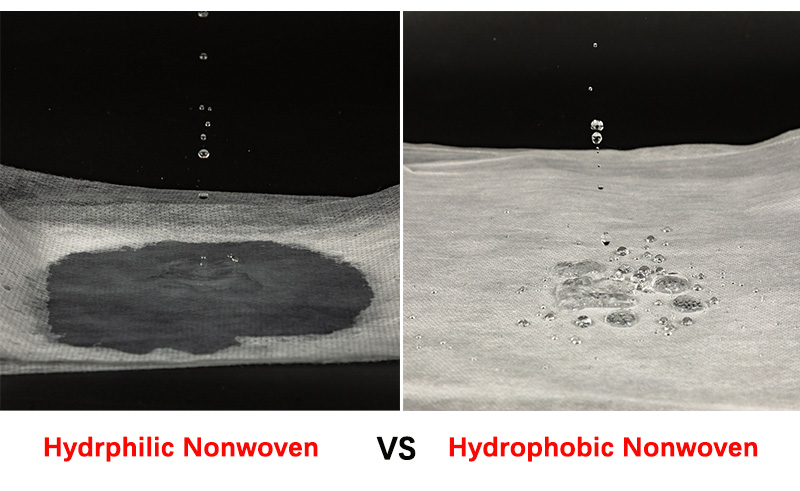 Comparison between hydrophilic and hydrophobic nonwoven fabrics used in hygiene products, showing water absorption and repellency difference. Comparison between hydrophilic and hydrophobic nonwoven fabrics used in hygiene products, showing water absorption and repellency difference.